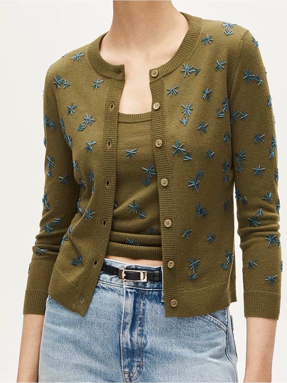 J.Crew Collection Crewneck Cardigan Merino Wool Green Embellishments Sz. XS $198